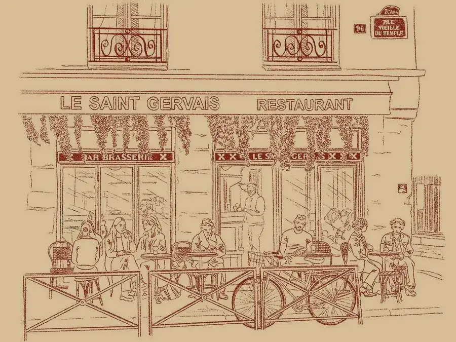 Illustration de la façade du restaurant Le Saint-Gervais, 96 rue Vieille du Temple, Paris 3